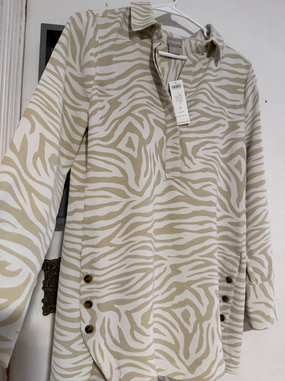 Chico's Beige and White Zebra-Print Tunic Top